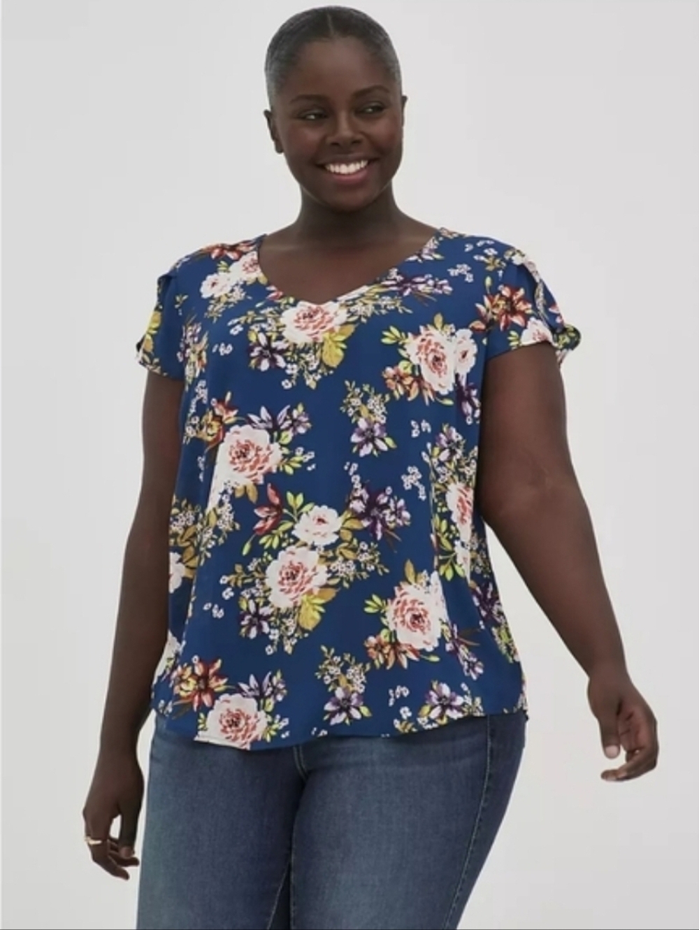 Torrid Navy Blue Floral Short Sleeve Georgette Tulip Sleeve Blouse Shirt Size 5X